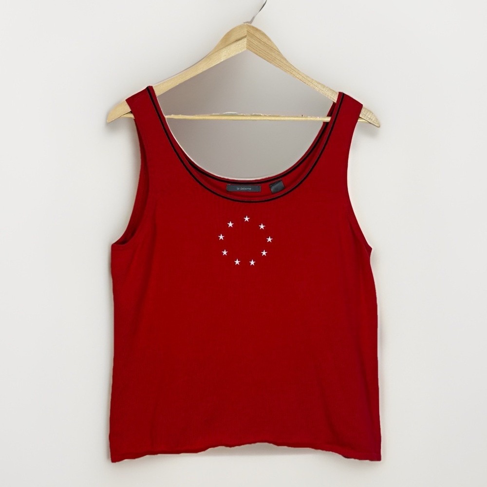 Liz Claiborne Red Knit Tank Top Women's XL Embroidered‎ Stars 100% Cotton